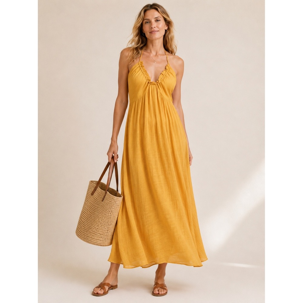 Cupshe Halter Maxi Dress Womens Size M Yellow Ruffle Boho Summer Beach Vacation